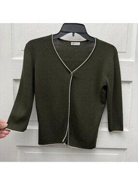 AK Anne Klein Olive Green Open Front Knit Cardigan Contrast Trim Women’s M